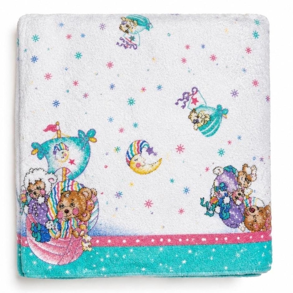 Vintage Riegel Bear Bunny Moon Baby Sleepy Time Blanket Nursery White Cotton USA